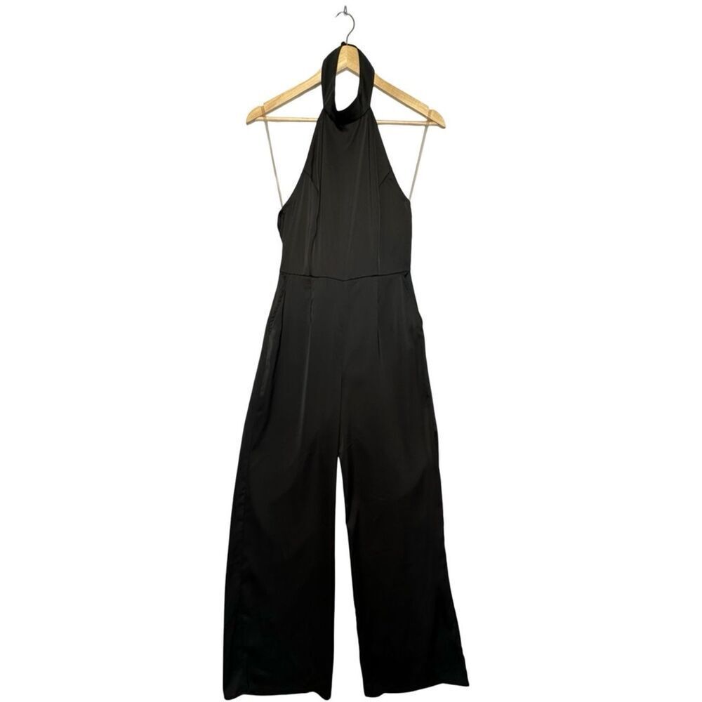ROKOKO Black Satin-Style Halter Neck Jumpsuit Wide Legged Silhouette Size Small